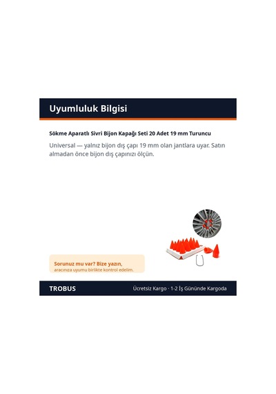 Trobus Sökme Aparatlı Sivri Bijon Kapağı Seti 20 Adet 19 Mm Turuncu