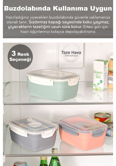 2 Katlı Kilitli Kapak Yemek Kabı - Bölmeli Lunch Box Diyet Beslenme Kutusu Sosluk Çatal Kaşık Gri