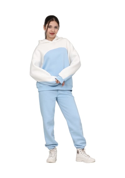Erdem Kıds Kız Çocuk Paçası Lastikli, Garnili Oversize 3 I Plik Şardonlu I Çi Pamuklu Eşofman Takımı Bebe Mavisi-ekru Bebe Mavisi-ekru