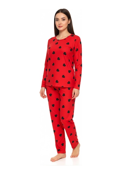 Bisiklet Yaka Süet Kırmızı Pijama Takımı 6010 Siyah Kalpli Gümüş