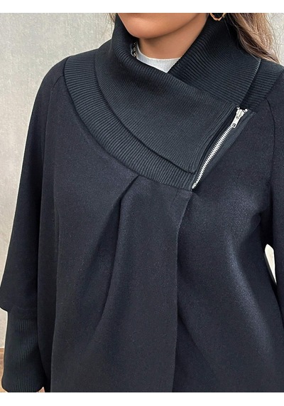 Siyah Kadın Asimetrik Kesim 3 İplik Şardonlu Sweat Ceket Fermuarlı Yaka, Cepli, Oversize Siyah