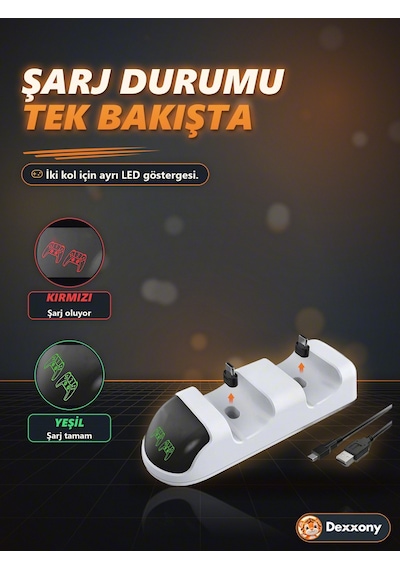Ps5 Kol Şarj İstasyonu Dualsense Çift Kol Şarj Standı Led Göstergeli Type-c Ps5 Slim Pro Uyumlu