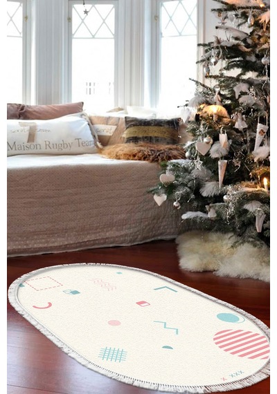 Kaymaz Dijital Mutfak & Salon Halı Trend Saçaklı Oval Geometrik E5015 Beyaz