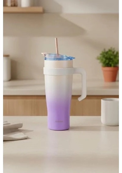 Pembe Pipetli Termos Bardak, 1000ml Kapasite İle Soğuk İçecekler İçin Açık Beyaz