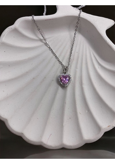 Pembe Kalp Detaylı Silver Kolye Sevgiliye Hediye Gümüş