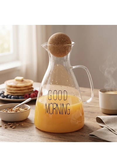 Sürahi Şık Modern Tasarım Sunum Yuvarlak Mantar Kapaklı Sürahi 1500 Ml Yüksek Kaliteli Cam
