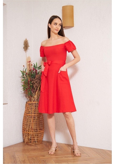 Darlin Moda Kırmızı Omzu Açık Elbise Dm1008 Kırmızı