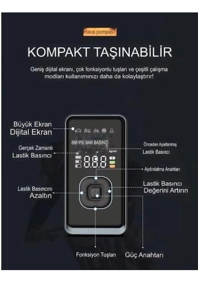 Auhma A7700 4'ü 1 Arada Akü Takviye, Şarjlı Hava Pompası, Powerbank Ve Dijital Fener