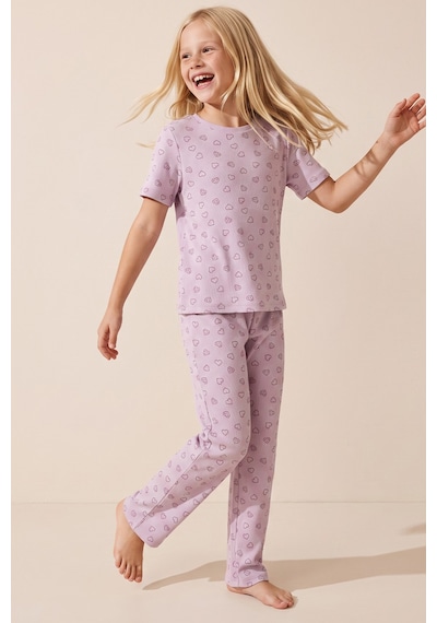 Siyah İnci Pamuklu Fitilli Kaşkorse Örme Pijama Takım 26120402 Lila Kalp