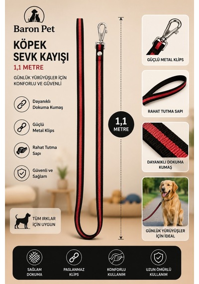 Köpek Sevk Kayışı 1,1 Metre Kırmızı Çizgili Dokuma Metal Klipsli Tüm Irklar İçin Gezdirme Kayışı