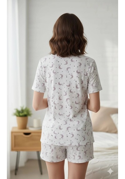 Modasehle Kadın 3'lü Kısa Kollu Yüksek Bel Bisiklet Yaka Üst Alt Şort Pijama Takım Desenli