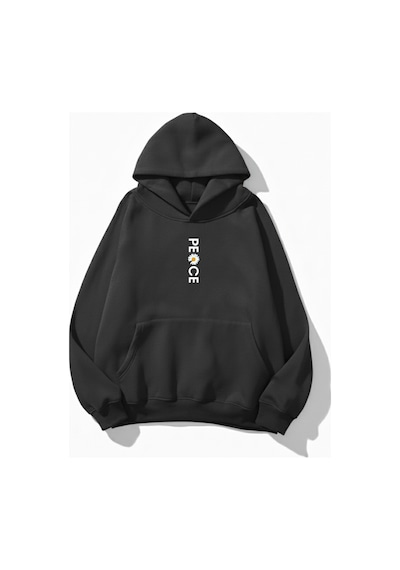 Uyguntarz Unisex Yumuşak Dokulu Peace Baskılı Tasarım Oversize 3 İplik Hoodie Sweatshirt Gri