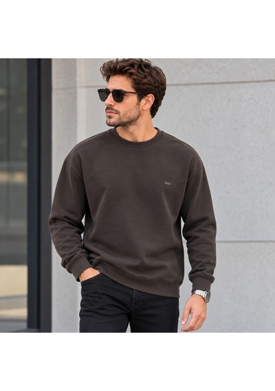 Erkek Modal Kumaş Bisiklet Yaka Sweatshirt Şık Tasarım, Tam Kalıp Kahverengi