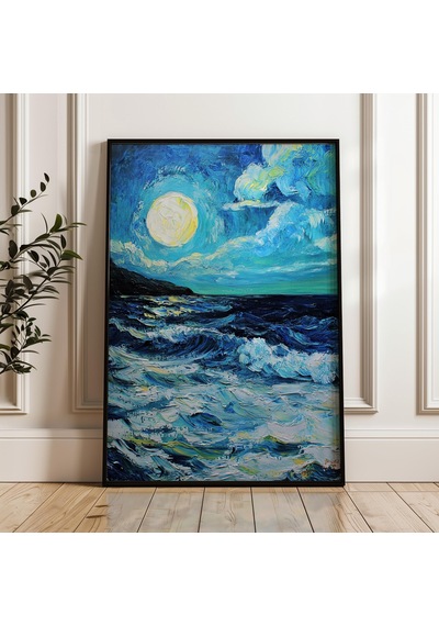 Yağlı Boya Poster, Van Gogh Tarzı, Gece Denizi, Canlı Renkler, Dijital İndirme