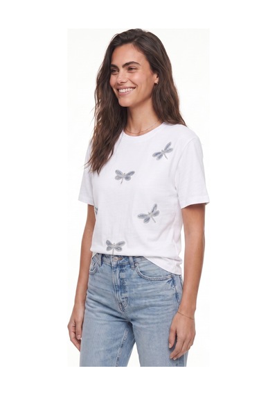 Onloox Kadın Beyaz Beyaz Pamuklu Esnek Kumaş Bisiklet Yaka Rahat Kalıp Boncuk Taş İşlemeli Yusufçuk Desenli T-shirt