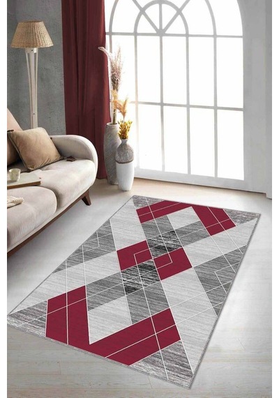 Kırmızı Geometrik Kaymaz Tabanlı Dekoratif Halı Dd06n11