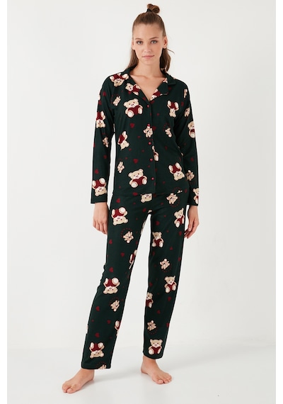Lela Streç Standart Fit Desenli Bayan Pijama Takımı 60956602 Yeşil
