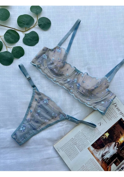 Noateks Mavi Çiçekli Balenli Dantelli Tül Bralet Takım Mavi