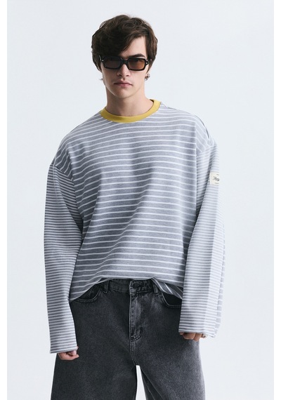 Vamos Kontrast Yaka Çizgili Sweatshirt Ekru-gri