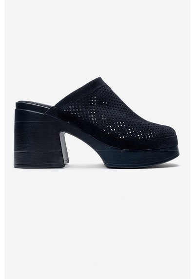 Luvishoes Dejas Lacivert Süet Hakiki Deri Delikli Kadın Kalın Topuklu Terlik
