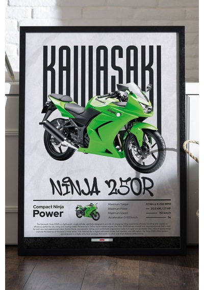 Kawasaki Ninja 250 R Siyah Ahşap Çerçeveli Poster, Dekoratif Motosiklet Duvar Tablosu