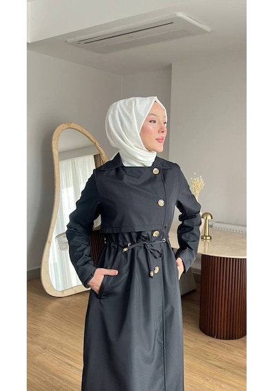 Esra Butik78 Kadın Düğmeli Trençkot Kendi Kumaşından Kemerli Model Siyah