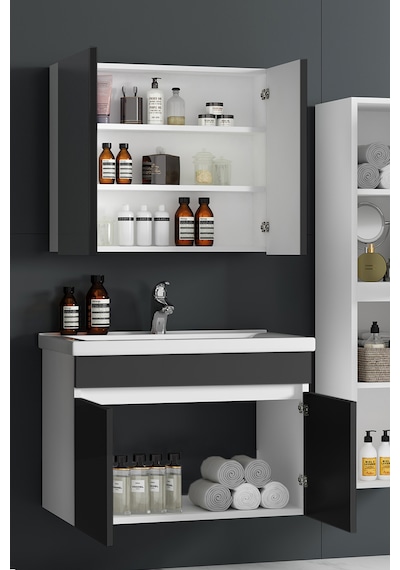 Çiğdem 80 Cm Beyaz-antrasit Gri Mdf Asma Banyo Dolabı Takımı Beyaz - Antrasit