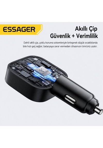 Essager 45w Hızlı Şarj Araç Şarj Cihazı Type C 75cm Çekilebilir Kablo Usb-c Usb-a 3'lü Çıkış 12v/24v