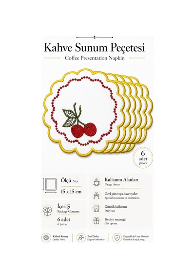 Gold Nakış Kiraz İşlemeli 6'lı Kahve Yanı Sunum Peçetesi Çeyizlik Kahve Altı Sunum Peçetesi Peryuna Gümüş