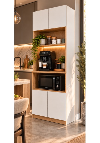 Kahve Köşesi Dolabı Modern Led Aydınlatmalı Raflı Mutfak Rafı Dolabı Atlantik Çam