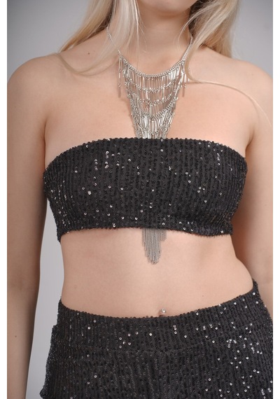 Mayrem Pul Payet Straplez Crop & İspanyol Paça Set Takım Siyah