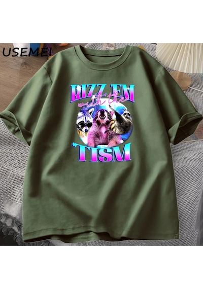 Flood Of Style Rizz Em İle Tism Komik T Shirt Erkekler Vintage Rakun Bootleg T-shirt Otizm Tees Kısa Kollu P Yeşil
