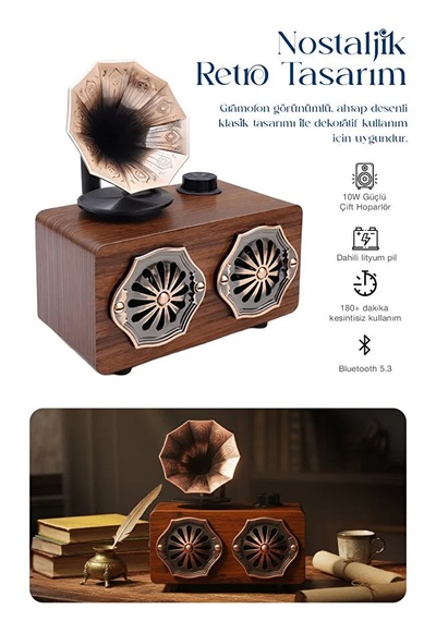Nostaljik Retro Tasarım Gramofon Görünümlü Müzik Çalar 1500 Mah Fm/usb/tf Kart Desteği