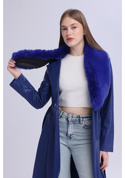Selectmoda Kadın Peluş Yaka Deri Görünümlü Uzun Kaban Lacivert