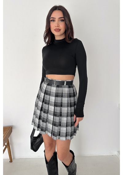Kadın Pileli Ekose Mini Short Etek Grunge Charm Siyah