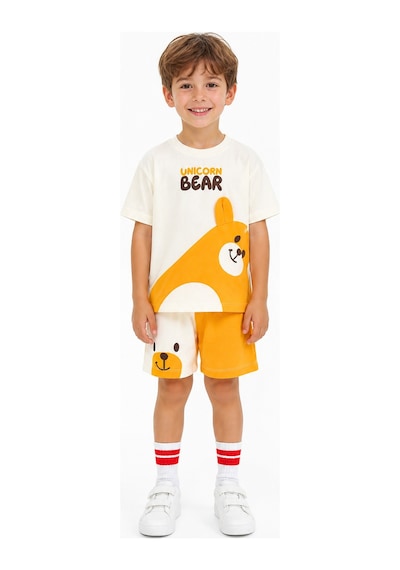 Eray Alp Kids Erkek Çocuk Beyaz Baskılı Ayıcık Tişört Şort Takımı Yazlık Günlük Model