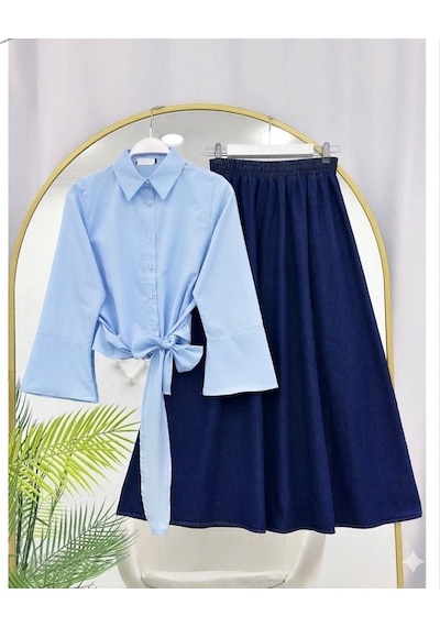Lovie Moda Kadın Bağcıklı Gömlek Kot Etekli Takım - Mavi