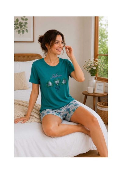 Tenra Kadın Şortlu Pijama Takımı %100 Pamuk Yeşil