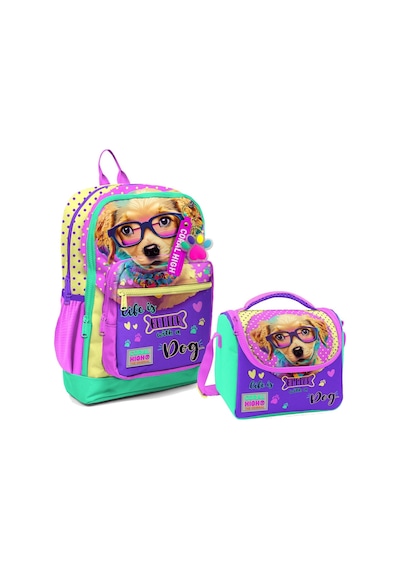 Coral High Dört Bölmeli Kız Çocuk Okul Sırt Çantası ve Beslenme Seti - Sarı Pembe Sevimli Köpek