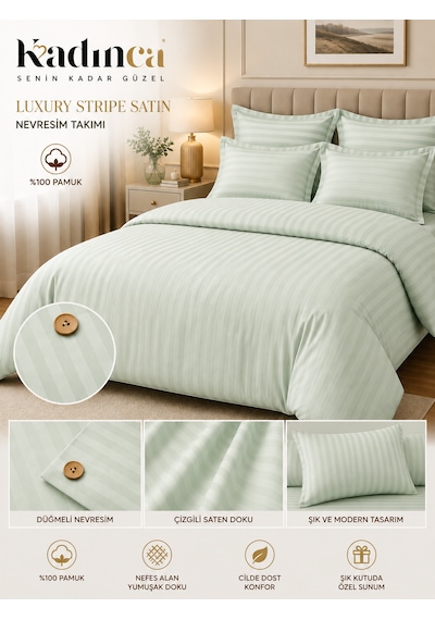 Luxury Stripe Pamuk Saten Nevresim Takımı 6parça Mint