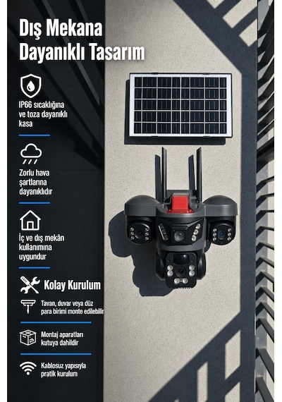 ARM-01 Solar Güneş Panelli 15MP 3 Lensli 4G Sim Kartlı Güvenlik Kamerası 360° PTZ Gece Görüşlü Sesli Dış Mekan V380 Pro