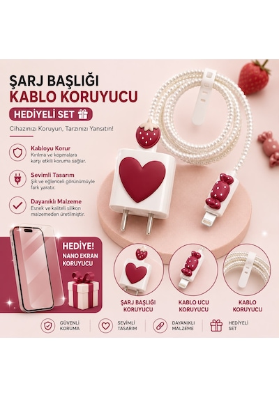 İphone 15 Plus Uyumlu Nano Ekran Koruyucu Hediyeli Şarj Başlığı & Kablo Koruyucu Koruma Seti A37