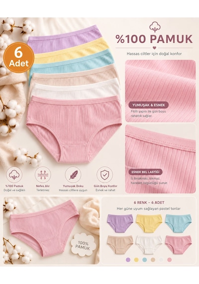 Tutku Yumuşacık Fitilli Doku Kız Çocuk Slip Külot 6 Adet Çok Renkli