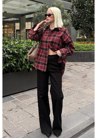 Seeh Kırmızı Oversize Ekose Desenli Kadın Gömlek Sh334 Ekoseli