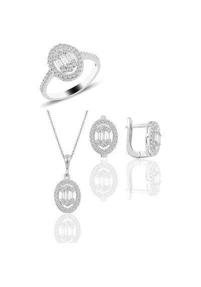 Gümüş Rodyumlu Oval Gümüş Baget Taşlı Üçlü Set