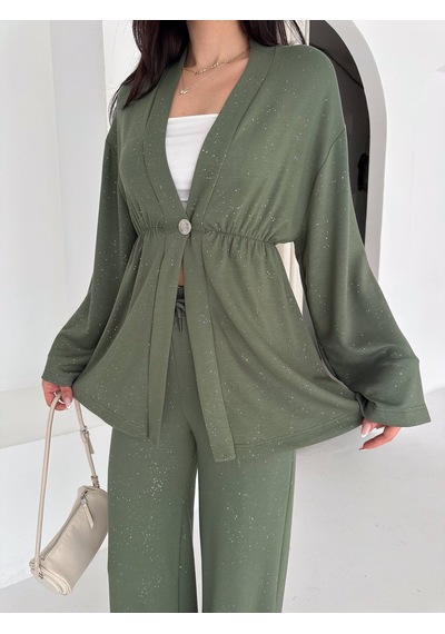 Kadın Simli Uzun Kol Modal Kumaş Kimono Pantolon İkili Takım Şık Ve Rahat Kadın Takım Yeşil Kadın Simli Uzun Kol Modal Kumaş Kimono Pantolon İkili Takım Şık Ve Rahat Kadın Takım Yeşil