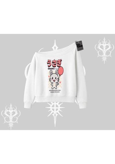Startmore Kayık Yaka Sweatshirt Usagi Kawaii Cute Heart Energy Beyaz
