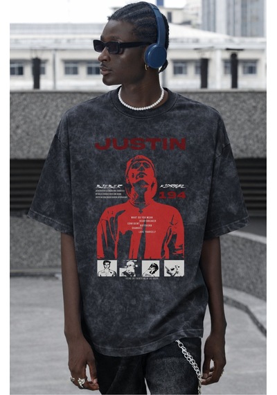 Sevbano Justin Bieber Şarkıcı Baskılı Unisex Oversize Vintage Yıkamalı Ti Siyah
