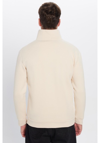 Tudors Unisex Relax Fit Rahat Kesim Pamuklu İçi Polarlı Yarım Fermuarlı Ekru Dik Yaka Sweatshirt-31453 Ekru