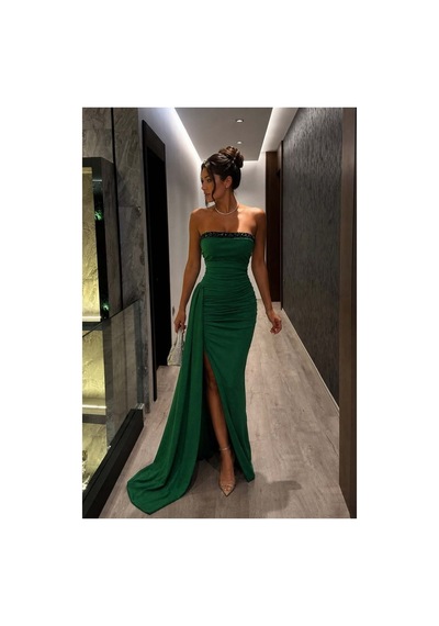 Lior Design Kadın Minimal Dik Yaka Payetli Maxi Uzun Kollu Abiye Elbise Zümrüt